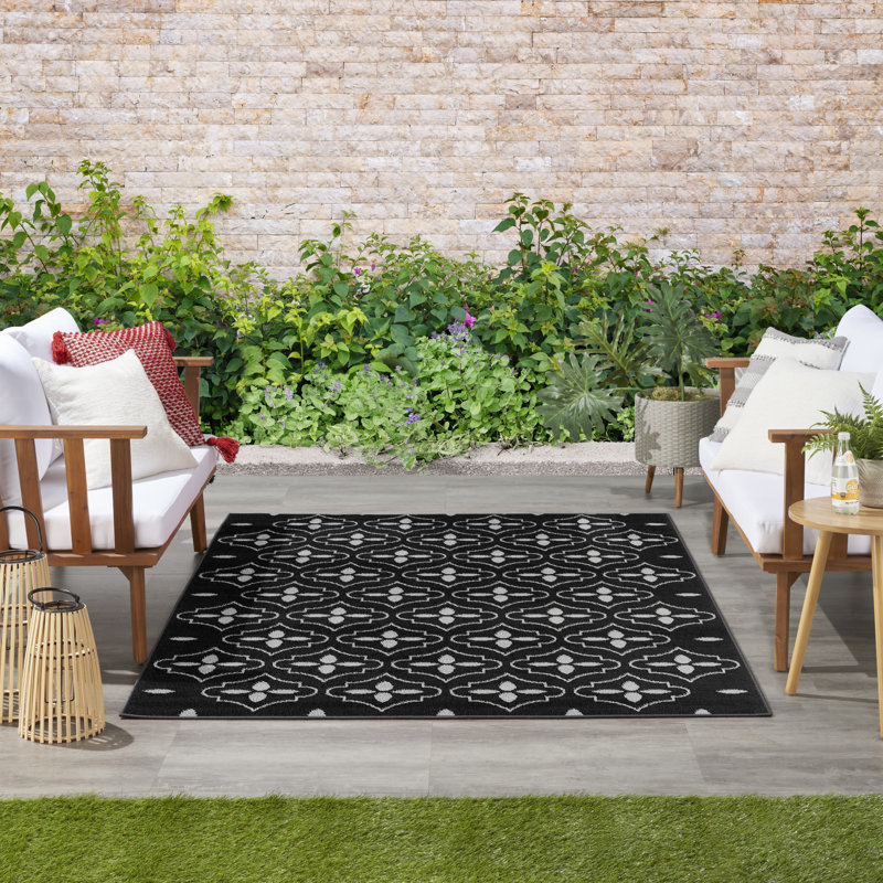 Nourison Essentials Black/Ivory Indoor/Outdoor Area Rug, Rectangle 4' x 6'
