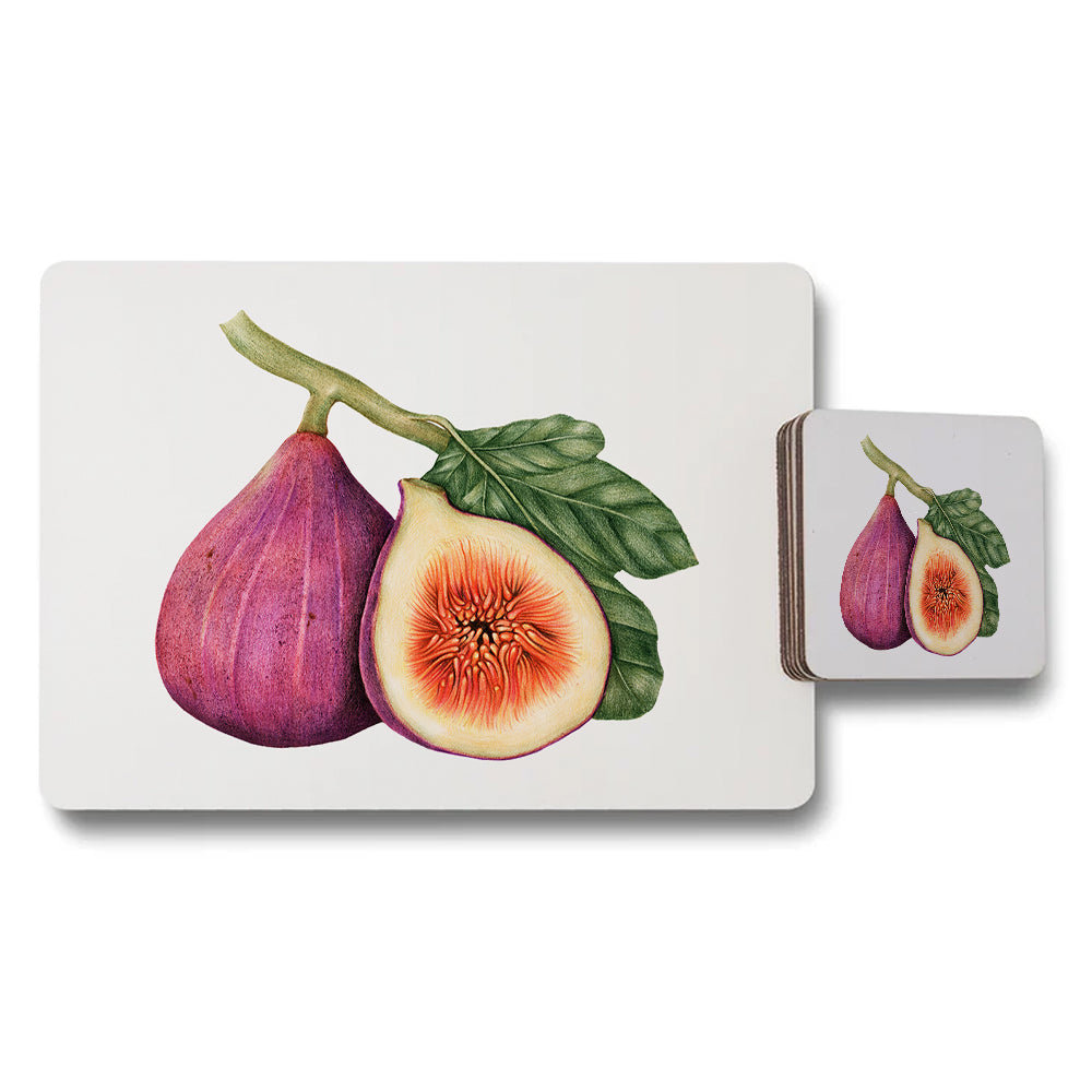 Fig Themed Placemat And Coaster Set With Fruit Illustration