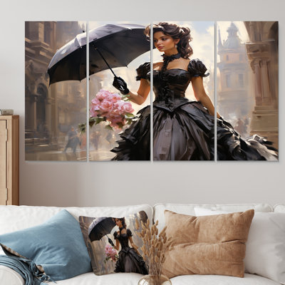 Pink And Black 50S Woman Portrait With Umbrella I - Woman Victorian 4 Piece Wall Art Decor Set