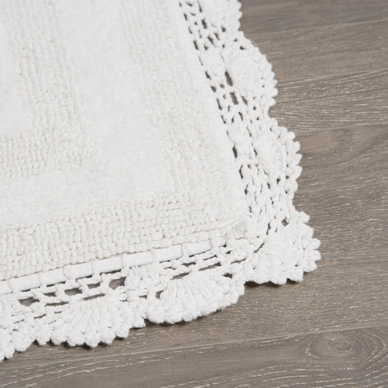 Laura Ashley Crochet Machine Washable Cotton Bath Rug, White, 34" L x 21" W