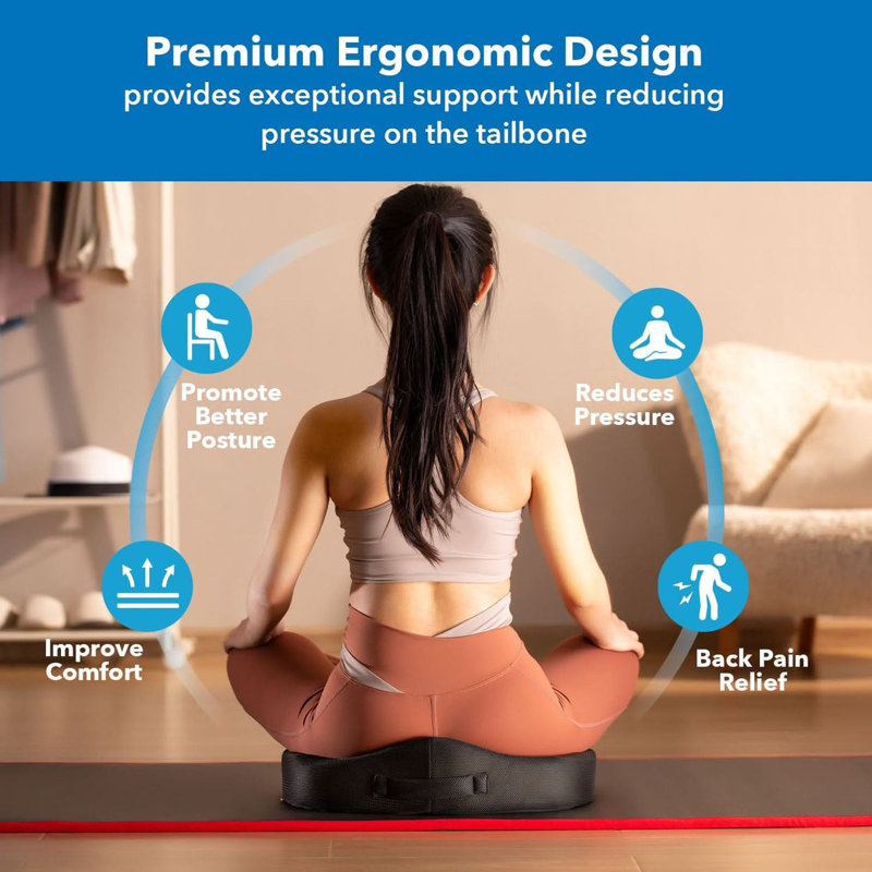 Ergonomic Black Memory Foam and Gel Seat Cushion with Mesh Cover
