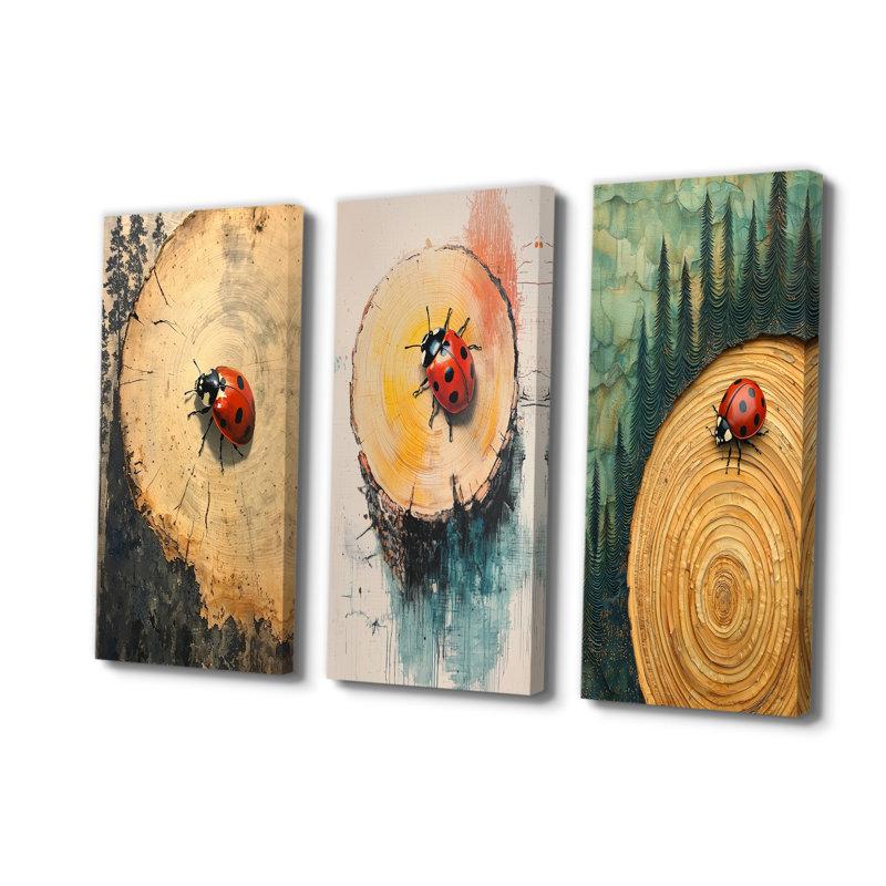 Coccinelle à la forêt sur diapositive I - Collection d'impressions sur toile 3 pièces, H 28 po x l 36 po, Toile tendue