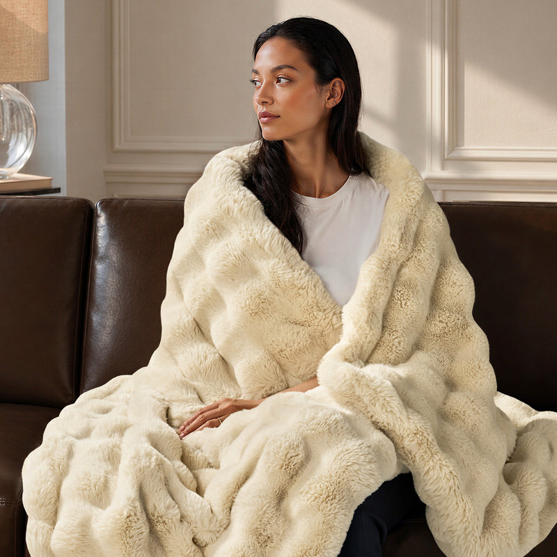 Double-Sided Bubble Faux Fur Throw Blanket, 60"x80", Beige