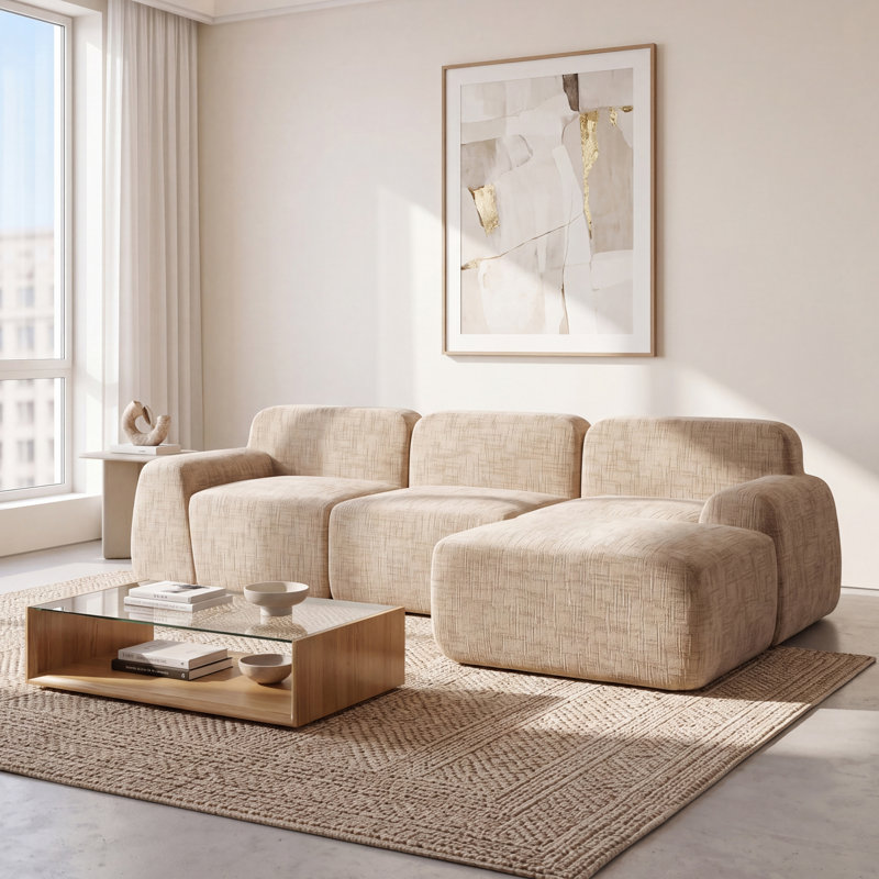 3 Seater Chenille Sofa, Light Khaki
