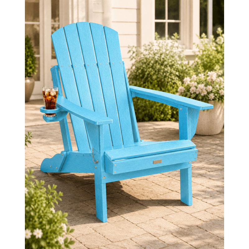 Chaise Adirondack pliable avec porte-gobelet, chaise longue d'extérieur résistante aux intempéries pour patio, porche, terrasse et pelouse, bleu