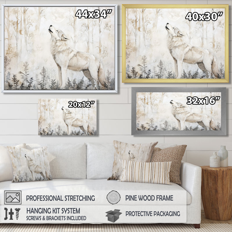 «Lunar Howl Of The Wolf Into The Wood I», reproduction d'art sur toile, H 30 po x l 40 po, Brun