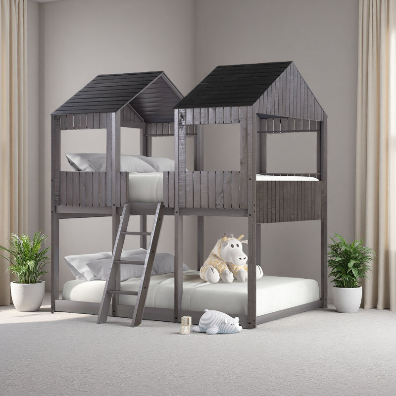 Full Over Full Woodbunk Bed With Roof, Window, Guardrail, Ladder, Antique Gray