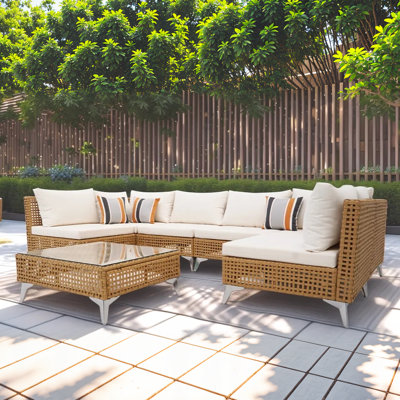  7-piece wicker patio furniture set, outdoor sectional sofa with water-resistant beige cushions and coffee table for porch, backyard, or patio - beige
