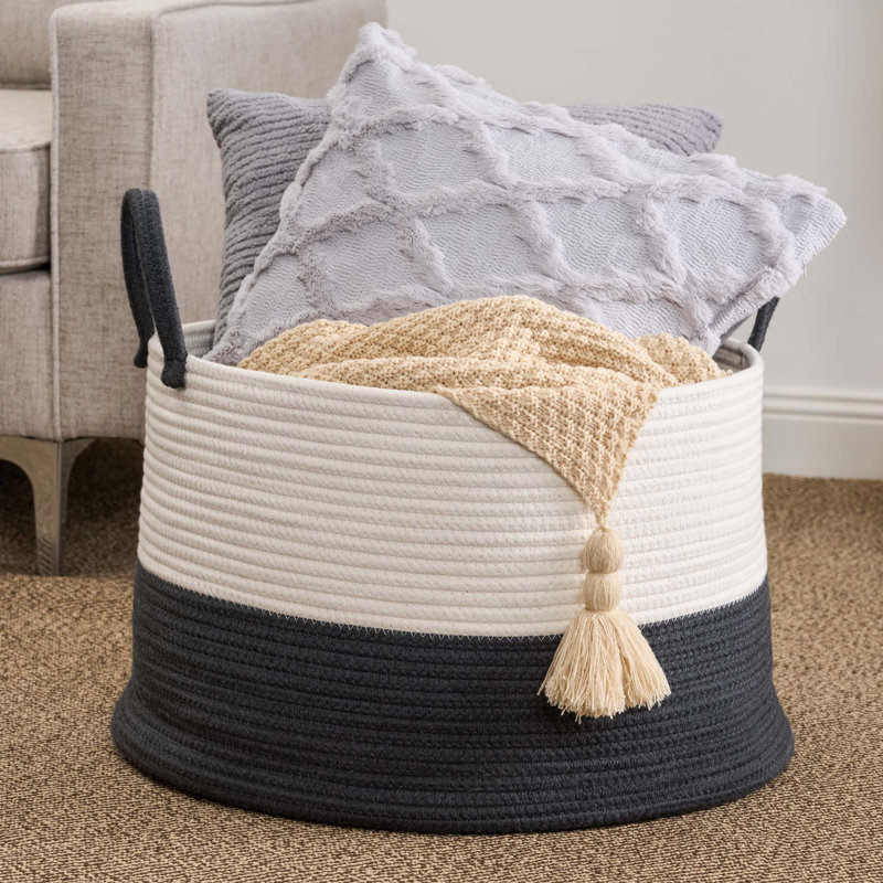Panier à linge rond en coton, Gris / Blanc