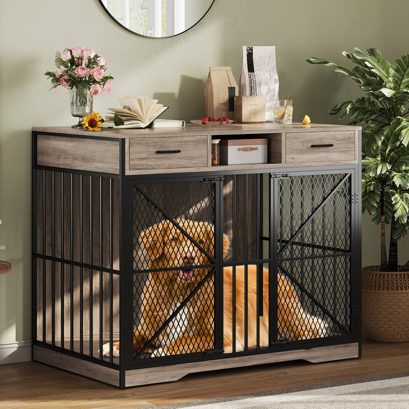 Meuble-cage en bois brun et noir de 44 po avec tiroirs, compartiment de rangement ouvert et portes doubles verrouillables, chenil de table de bout robuste pour petits et grands chiens