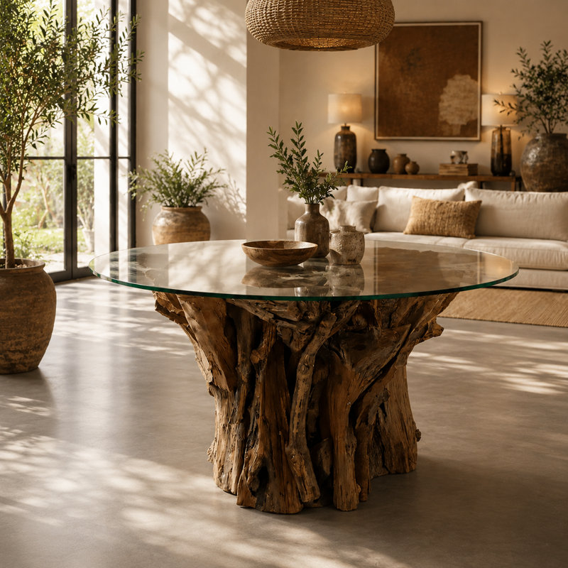 Round Glass Table Solid Wood Base Dining Table Handcrafted Root Dining Table with Tempered Glass