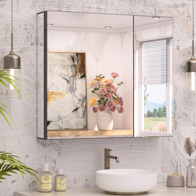 Rectangle Frameless Aluminum Full Mirrored Tempered Glass Medicine Cabinet Surface&Recessed Mount with 2 Shelves