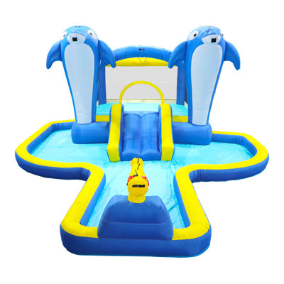 8 In1 Inflatable Slide Water Park Trampoline Bouncing House Outdoor Garden With  Dolphin Sprinkler & Target Games & Water Gun & Basketball