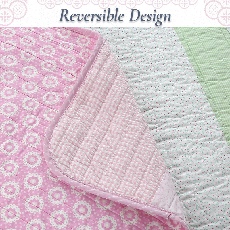 Ensemble de literie pour lit simple en coton à motif guingan rose, Courtepointe pour lit simple + 1 taie décorative