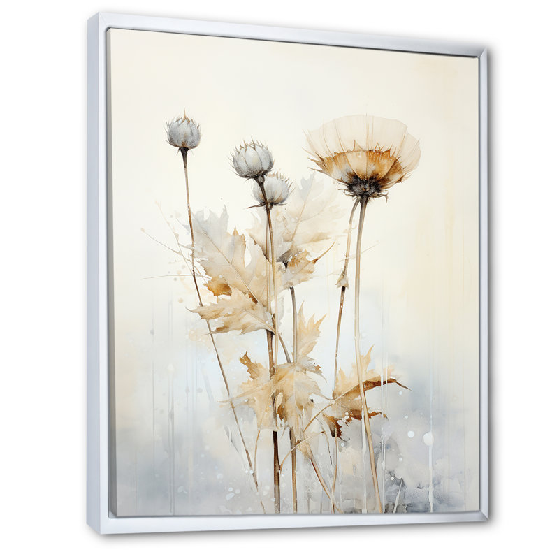 «Beige chardon», art mural de salon chardon, H 20 po x l 12 po, Cadre flottant blanc