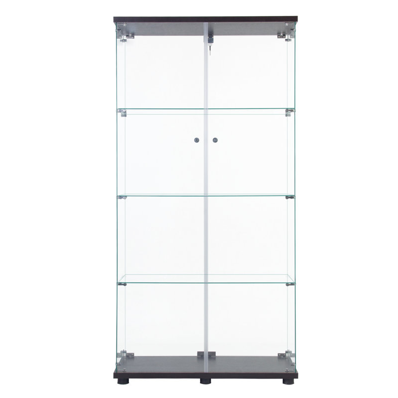 Vitrine à deux portes avec 4 tablettes, finition noire, verre trempé de 5 mm, coffre pour curiosités et armoire à 4 tablettes à installation simple