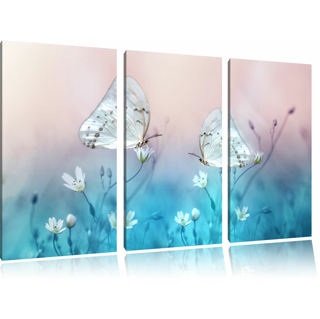 3-tlg. Leinwandbilder-Set Zwei schöne weiße Schmetterling auf kleinen Blumen, Fotodruck