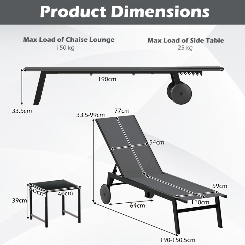 190cm Long Single Chaise, Grey