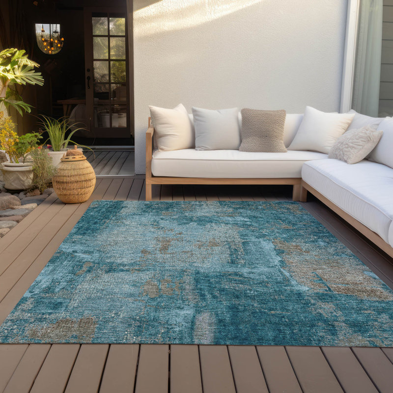 Tapis bleu sarcelle lavable intérieur / extérieur Aria , 5 pi x 7 pi 6 po