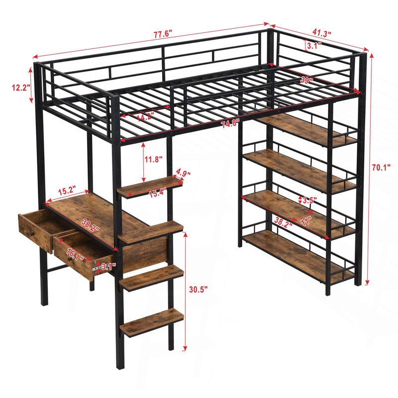 Lit mezzanine en métal avec bureau et tablettes, Lit simple