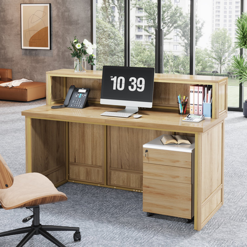 Bureau de réception rectangulaire en bois manufacturé Crystle, Bois de chêne