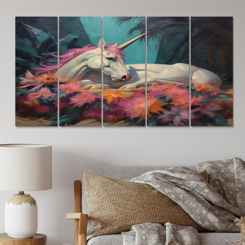 Mignonnes licornes dormant ensemble dans un champ de fleurs V - Licorne fantastique, art mural, salon - 5 panneaux égaux