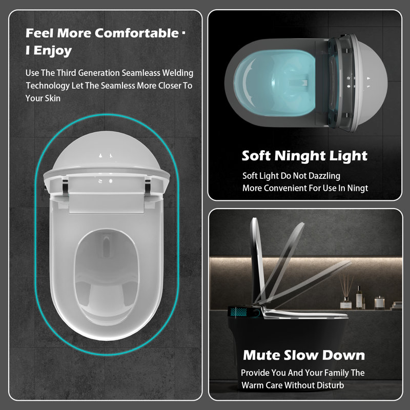 Smart Toilet,Modern Smart Toilet With Bidet Built In With Foot Kick,Tankless Toilets Auto Open/Close Lid With Dryer,ADA Comfort Height Heat Seat,Instant Warm Water,Power Outage And Flush Black