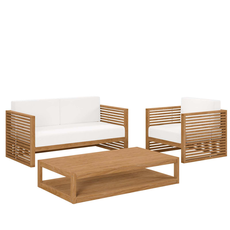  3-Piece Teak Wood Outdoor Patio Outdoor Patio Set, White Linen Blend