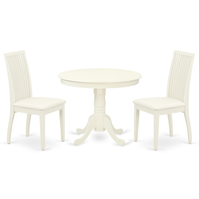 Benita - Rubberwood Solid Wood Dining Set, Linen White (Off-White), 3 Pieces: 1 Table, 2 Chairs