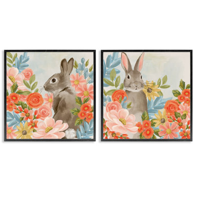 Bright Bunny Blooms 2pc Framed Giclee Set, design by Cat Thurman Designs