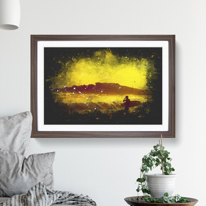 Man Surfing at Sunset - Picture Frame Graphic Art, 27cm H x 36cm W x 2cm D, Walnut Framed
