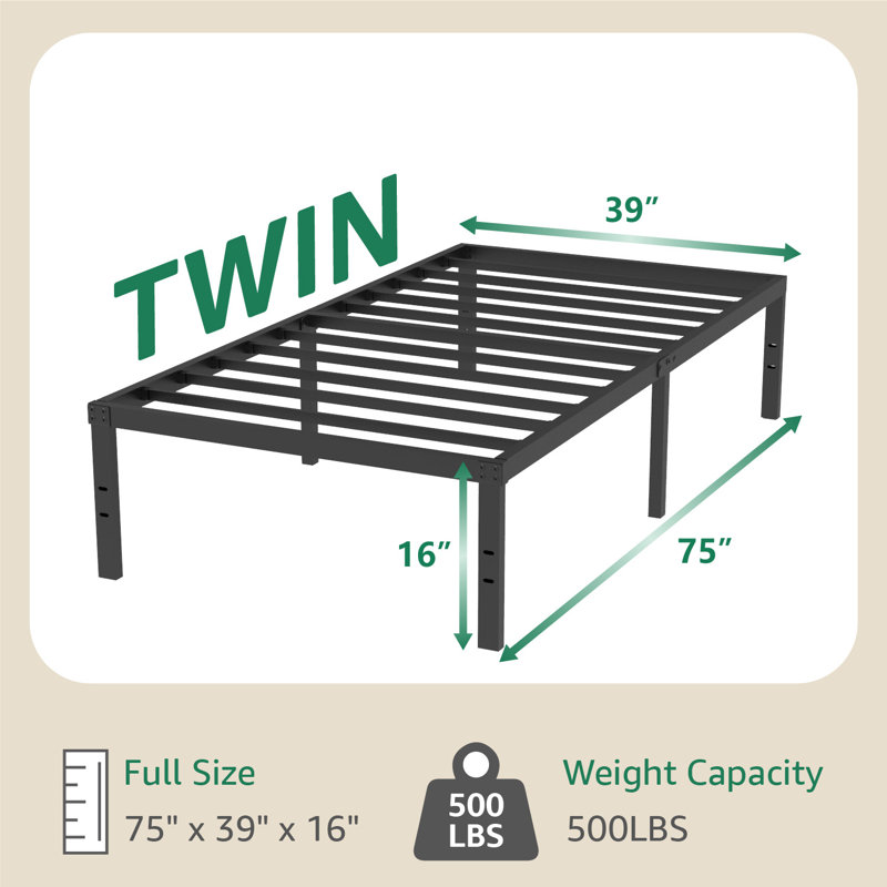 16'' Black Twin Metal Platform Bed Frame with Steel Slats