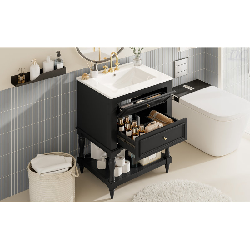 Meuble-lavabo de salle de bain 24 po avec lavabo en céramique, Noir