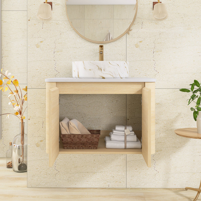 Meuble-lavabo mural simple 29,5 po avec dessus en pierre reconstituée, Chêne blanc Américain