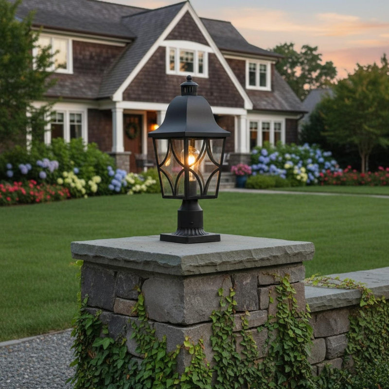 15.2 in. 1-Light Black Outdoor Pole Top Light with Glass Shade(2-Pack)