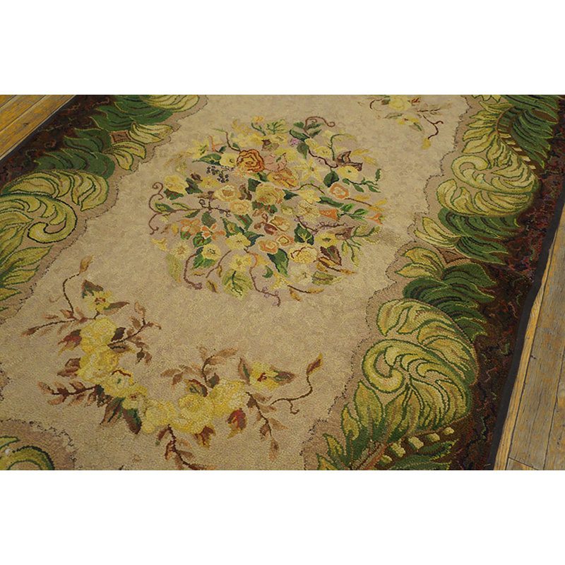 Antique Small Size American Floral Folk Art Design Hooked Area Rug