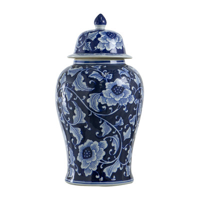 Reed Ginger Jar With Dome Lid, Floral Pattern Blue-White Porcelain 18 Inch