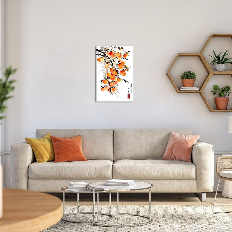 Asian Wall Art Traditional Chinese Ink Style With 'May Everything Go As You Wish' Quote Canvas Prints Persimmon On Branch Painting Pictures Oriental Poster Framed For Home Decor 16X24inch