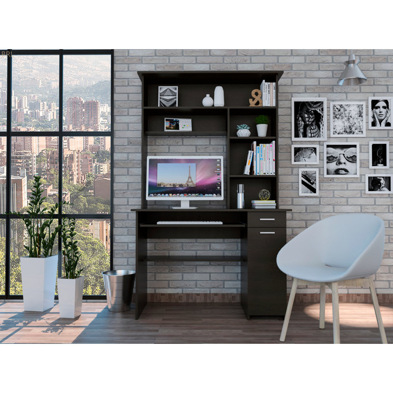 2-Drawer 7-Shelf Computer Desk With Hutch, Black