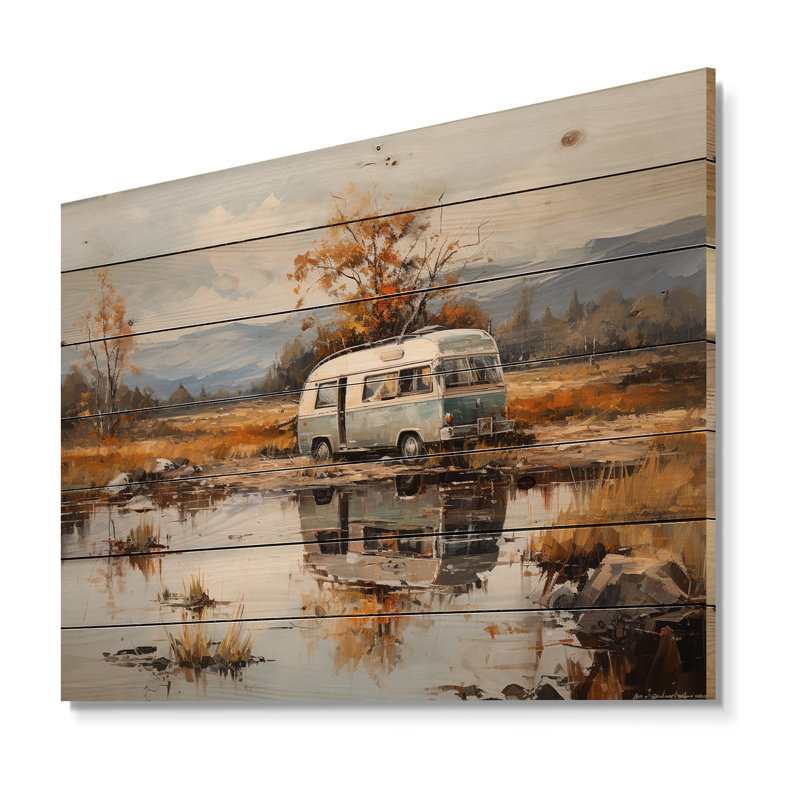 «Camping Travel Van Charm» - Art mural en bois sur bois de pin naturel, H 24 po x l 32 po
