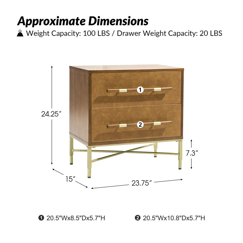 Table de bout à 2 tiroirs 24 po avec prises encastrées et assemblage simple Lienhard, Chameau