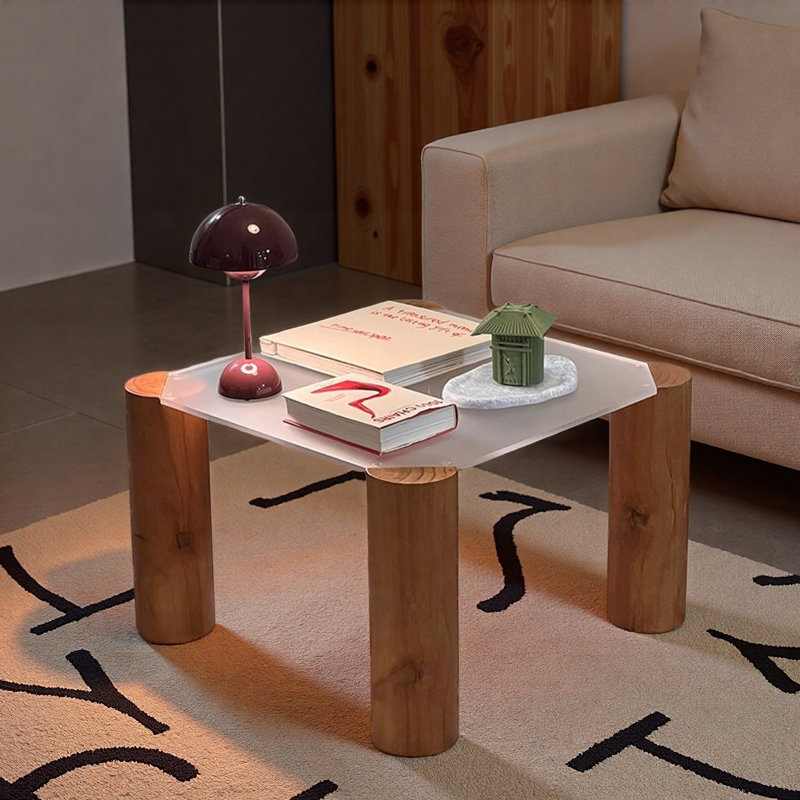 Table basse Mid-Century en bois et acrylique, H 16,1 po x L 27,6 po x l 27,6 po, Blanc