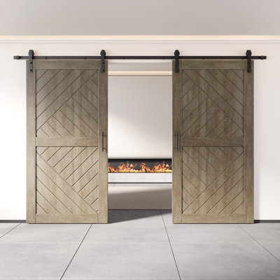 Homacer Classic Gray Double 26in x 80in Unassembled & Finished Geometric Design Barn Doors with Non-Bypass Installation Hardware Kit, 9ft track, interior use only