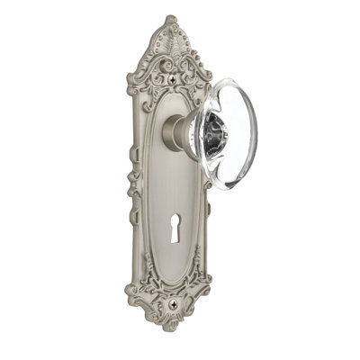 Crystal Oval Interior Mortise Door Knob with Victorian Long Plate