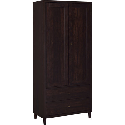 Armoire haute à 2 tiroirs, finition tabac rustique, bois d'ingénierie, finitions laiton, idéal pour les espaces de vie à la maison, 74,03 pouces