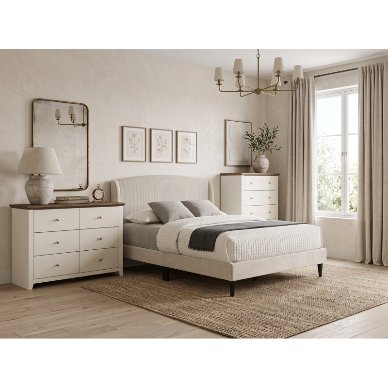 Ensemble de chambre à coucher 3 pièces Chace, Beige / ivoire / chêne noueux, Ensemble de trois pièces : lit, deux commodes