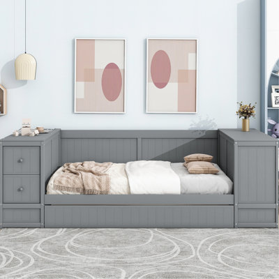 Lit de jour simple gris avec rangement pour verrerie, lit gigogne - Structure en bois pratique