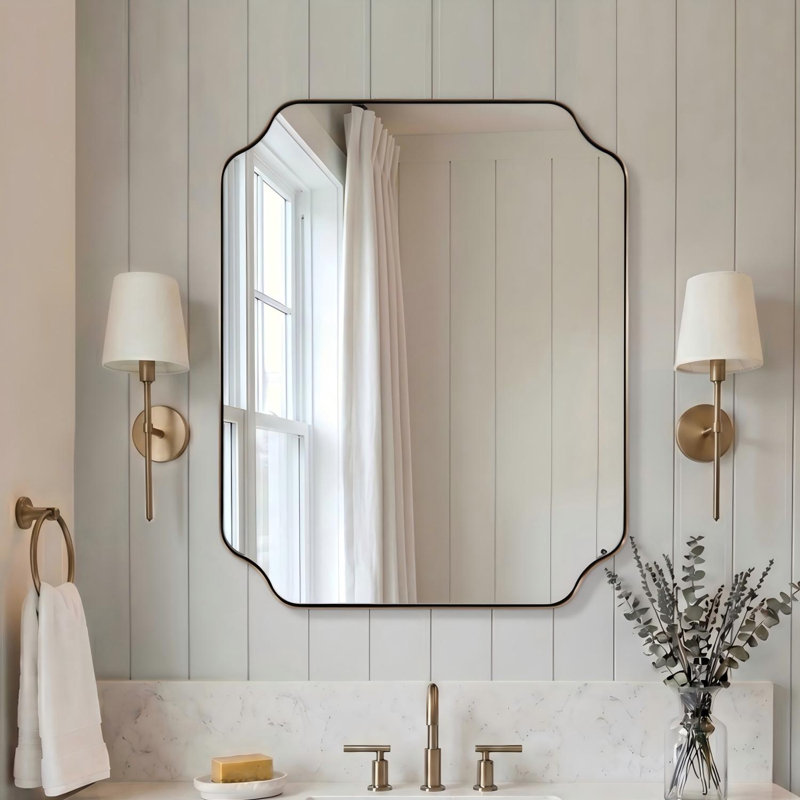 Miroir de salle de bain Modern Cadre en acier inoxydable, 32 po x 24 po, Champagne Bronze
