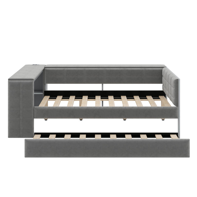 Lit plateforme double tapissier pleine grandeur avec tablettes de rangement, bureau, station de charge et lit gigogne, Gris
