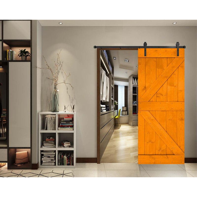 Porte de grange en bois massif DIY 3 en 1 pour chambres, espaces de rangement, placards, Orange dorée, 20 po x 84 po